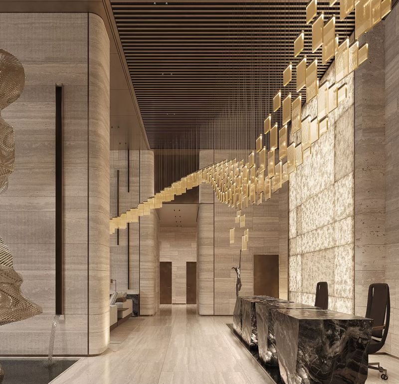 Bamboo Wood Fiber Wall Panel 22 Hotel interior decoration with carbon crystal wall panels in luxury modern hotel lobby design