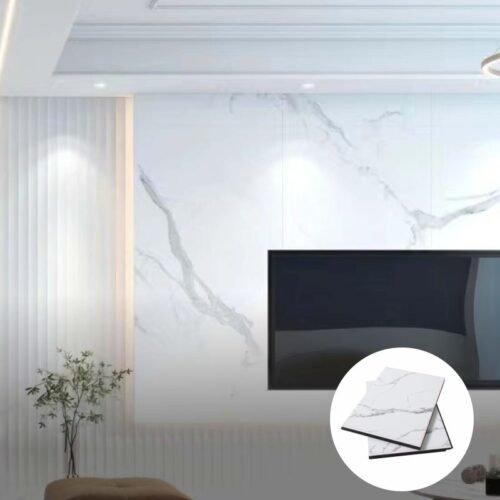 Marble Carbon Crystal Wall Panel Installed in Modern Living Room Interior Wall