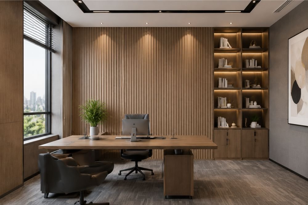 WPC fluted wall panel office background wall cladding modern interior design for corporate workspace and meeting room