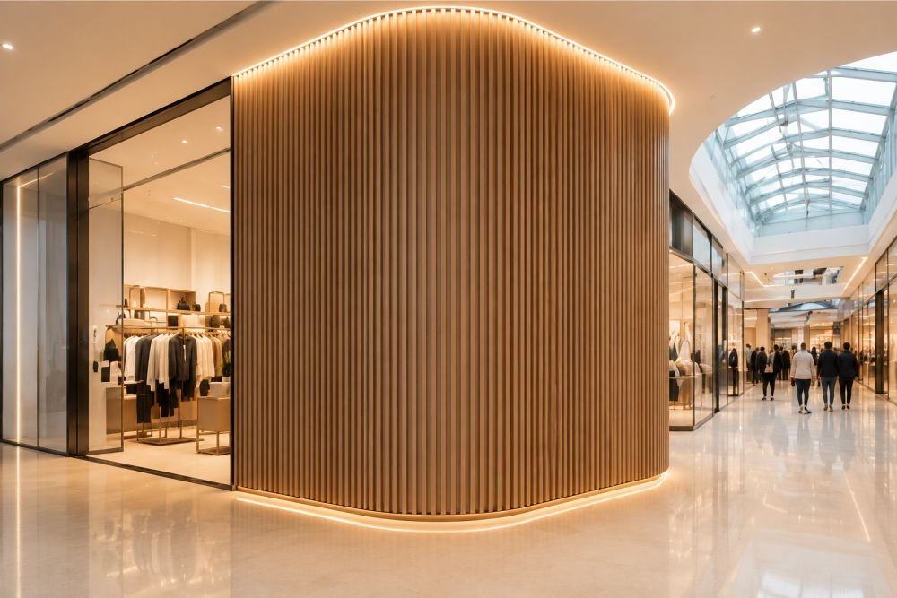 WPC fluted wall panel shopping mall wall decoration durable interior wall cladding for commercial retail space design