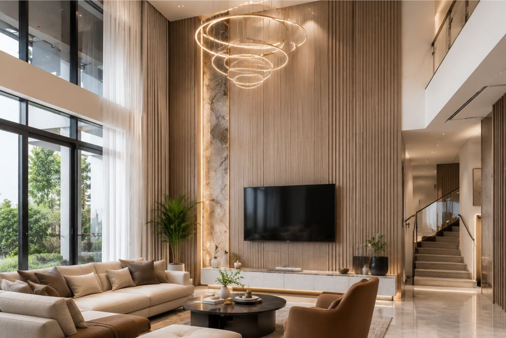 WPC fluted wall panel villa interior renovation luxury wood grain wall cladding for modern home interior design
