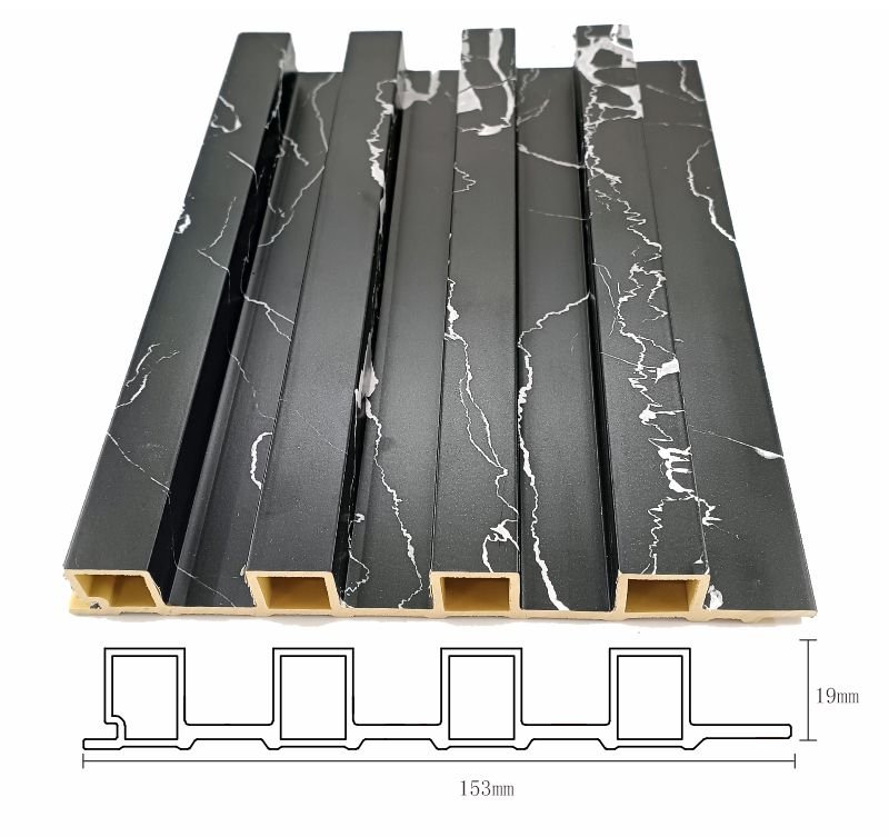 WPC Fluted Wall Panel for Villa Interior 2 WPC Fluted Wall Panel for Villa Interior showing marble texture finish, lightweight hollow core structure, and panel profile details
